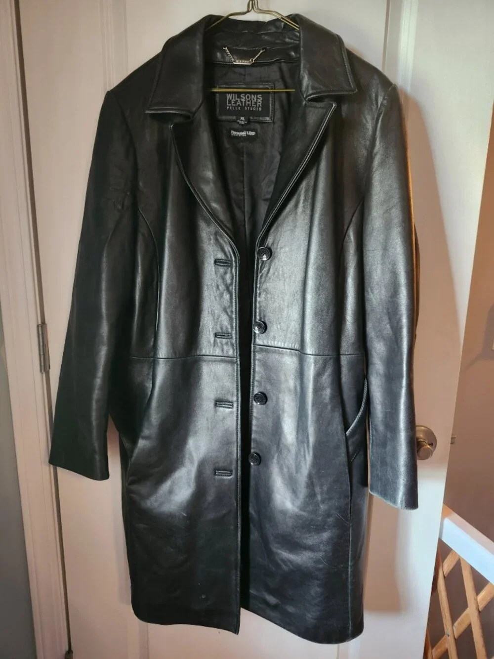 Wilsons Leather Black Trench Coat XL Button Front